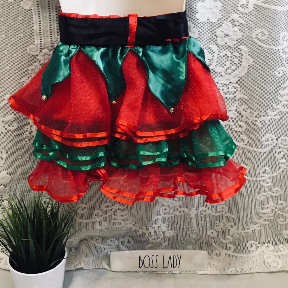 Girls Christmas Elf Tiered Tulle Skirt green and red - Picture 3 of 7